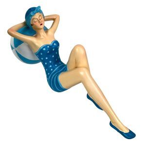 Beach Beauty Figurine Relaxing on Beachball Aegean Blue Polka Dot Decor 12"